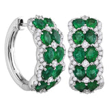 18kt White Gold Womens Round Natural Emerald with Genuine Diamond Double Row Hoop Earrings 4.00 Cttw