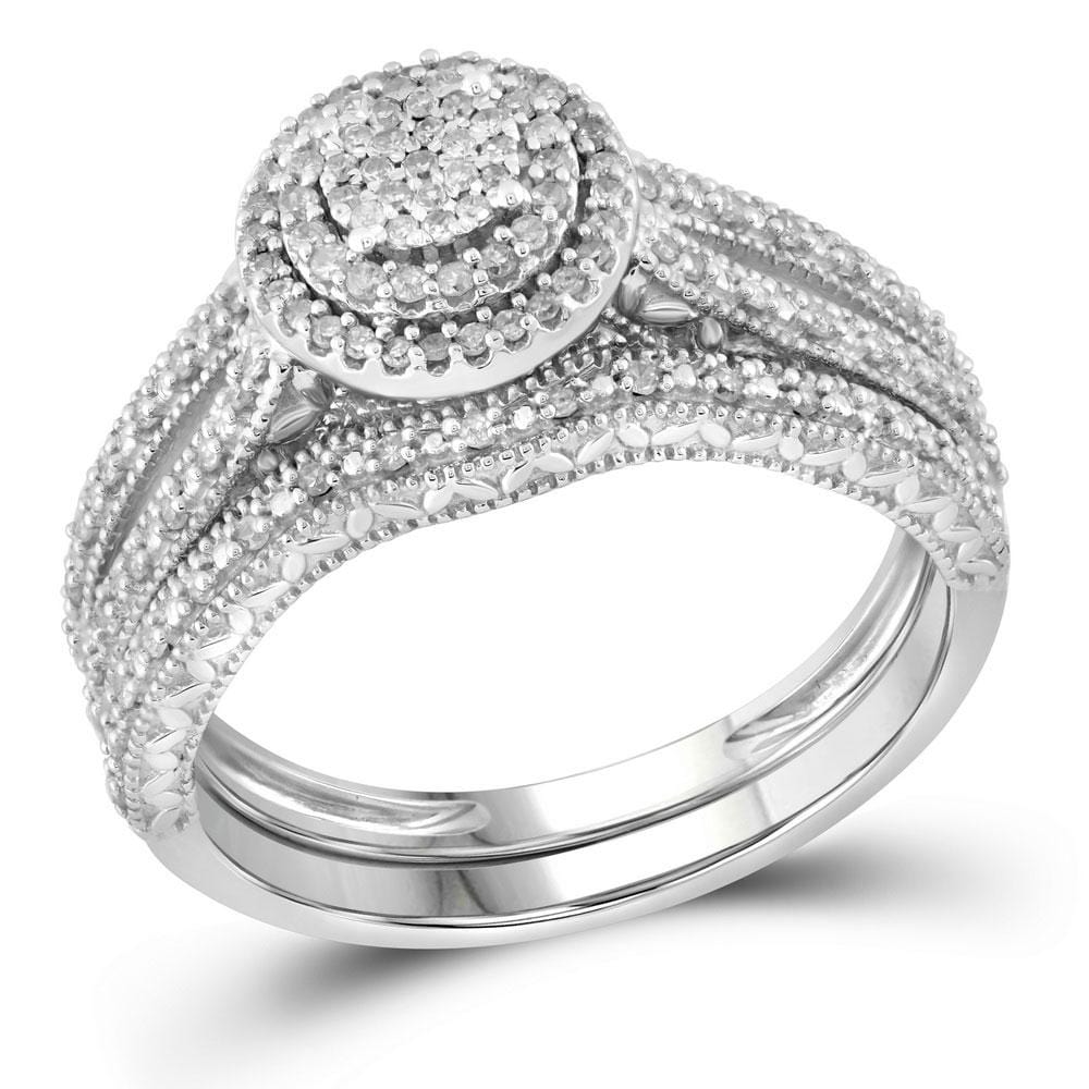 10kt White Gold Round Diamond Cluster Bridal Wedding Ring Band Set 1/3 Cttw