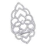 18kt White Gold Womens Round Diamond Flower Petals Knuckle Fashion Ring 3/4 Cttw
