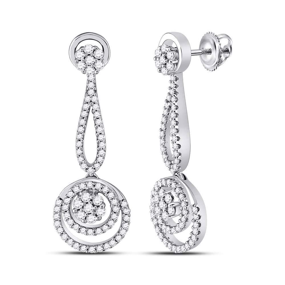 10kt White Gold Womens Round Diamond Circle Cluster Dangle Earrings 1 Cttw