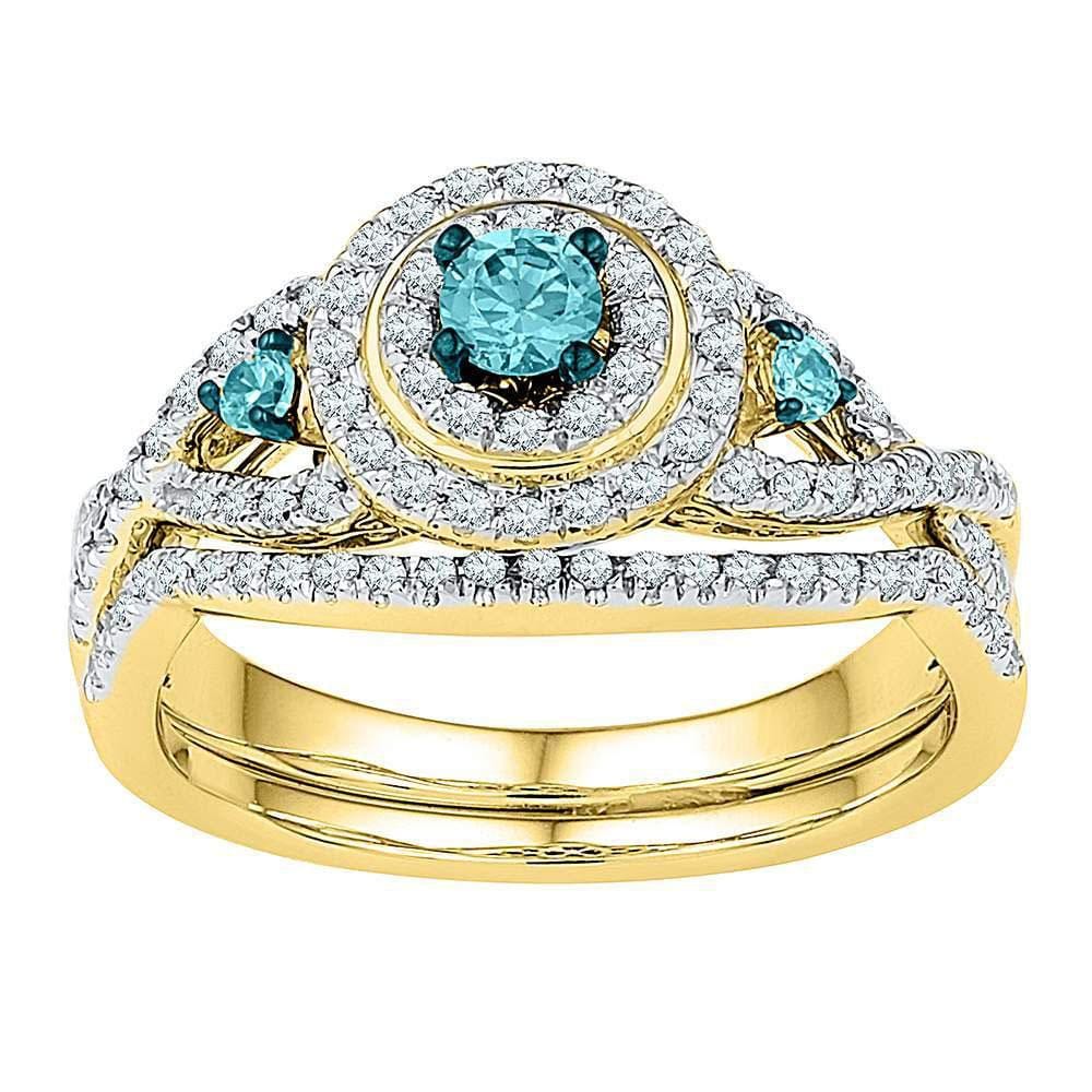 10kt Yellow Gold Womens Round Blue Color Enhanced Diamond Bridal Wedding Ring Set 5/8 Cttw