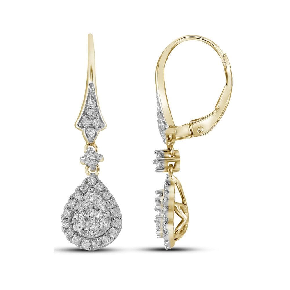 14kt Yellow Gold Womens Round Diamond Teardrop Cluster Dangle Earrings 7/8 Cttw