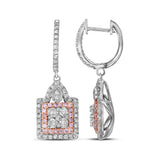 14kt White Gold Womens Round Pink Diamond Square Cluster Dangle Earrings 1 Cttw