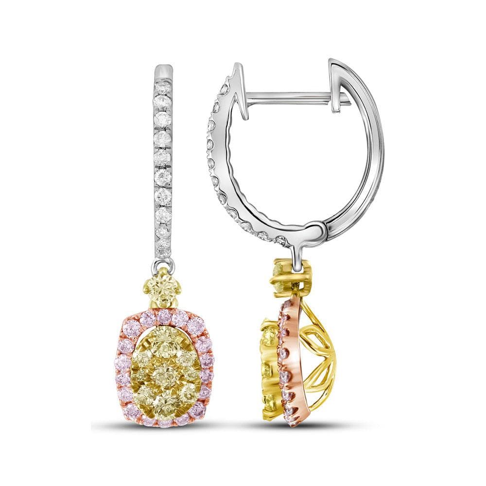 14kt White Gold Womens Round Canary Yellow Pink Diamond Dangle Earrings 7/8 Cttw