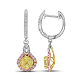 14kt White Gold Womens Round Canary Yellow Pink Diamond Dangle Earrings 1 Cttw