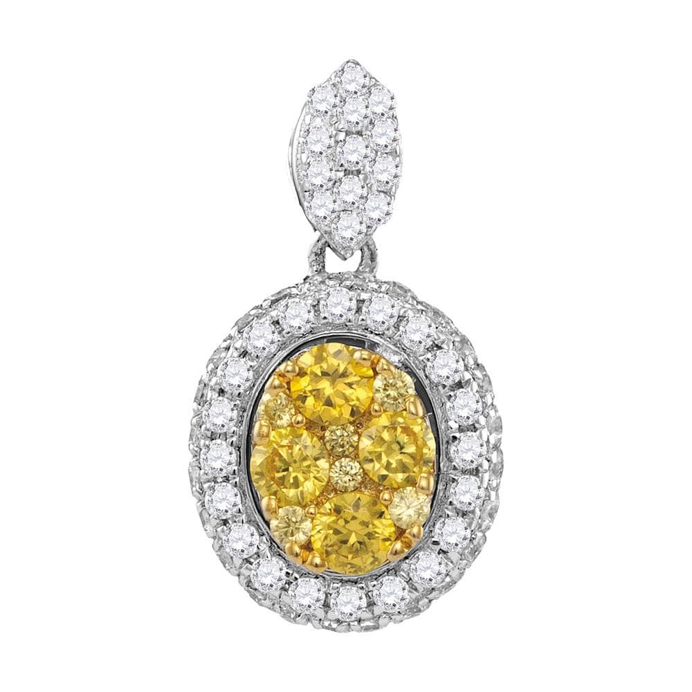 14kt White Gold Womens Round Canary Yellow Diamond Oval Cluster Pendant 1 Cttw