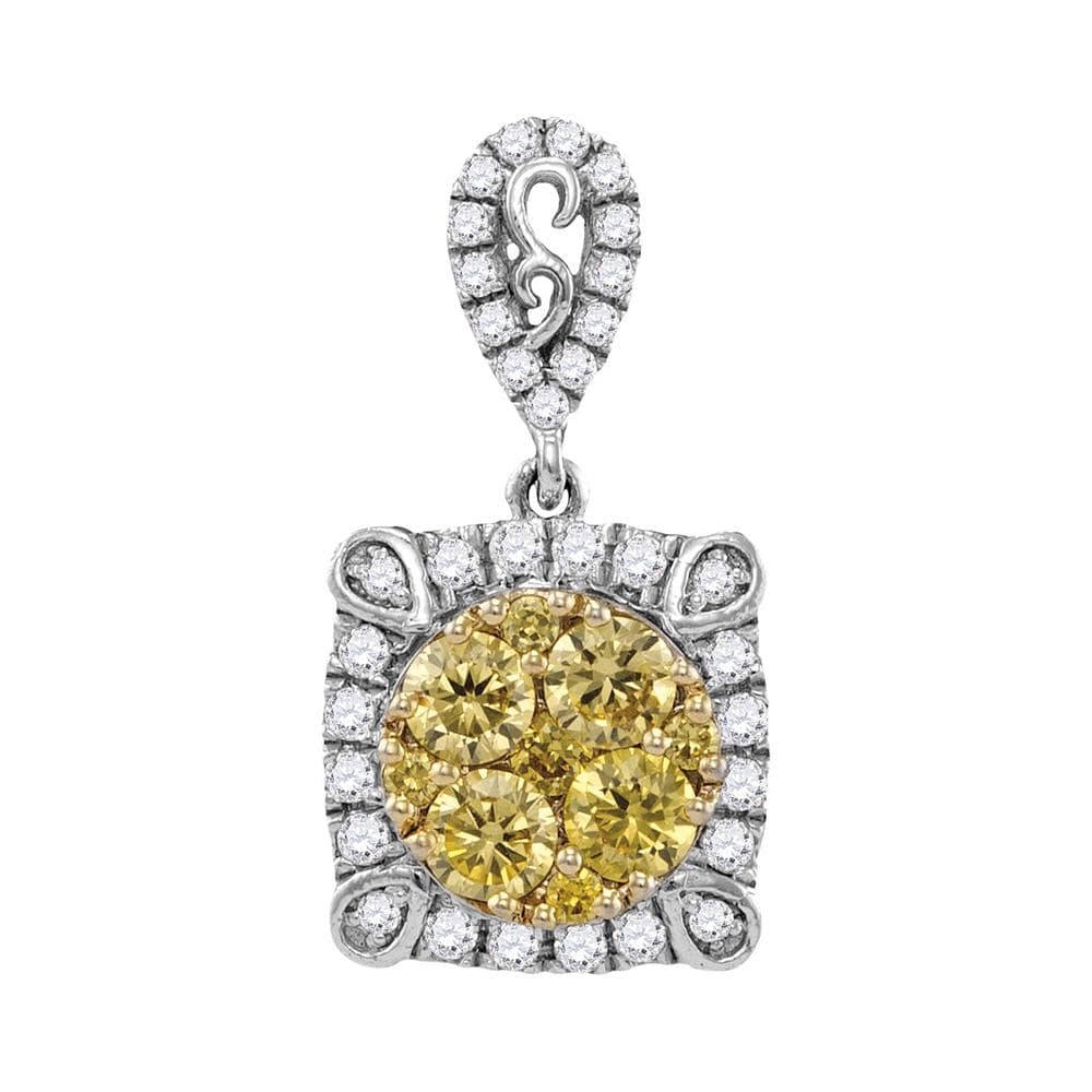 14kt White Gold Womens Round Canary Yellow Diamond Square Cluster Pendant 3/4 Cttw
