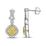 14kt White Gold Womens Round Yellow Diamond Offset Square Dangle Earrings 1-1/3 Cttw