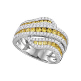 14kt White Gold Womens Round Natural Canary Yellow Diamond Crossover Band Ring 1-3/4 Cttw