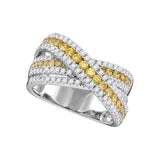 14kt White Gold Womens Round Canary Yellow Diamond Crossover Fashion Band Ring 1-3/8 Cttw