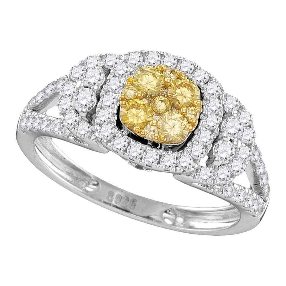 14kt White Gold Round Yellow Diamond Cluster Bridal Wedding Engagement Ring 1-1/5 Cttw