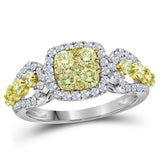 14kt White Gold Womens Round Canary Yellow Diamond Cluster Ring 1-1/3 Cttw