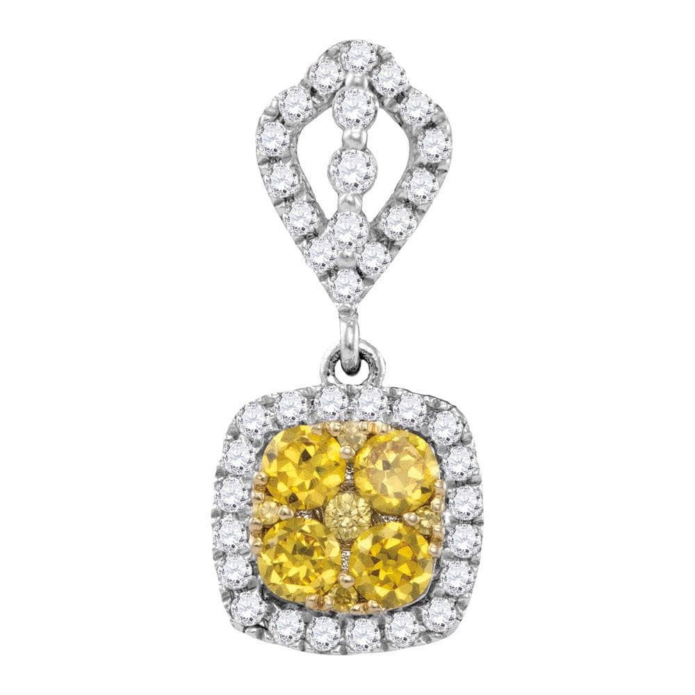 14kt White Gold Womens Round Yellow Diamond Square Cluster Pendant 7/8 Cttw