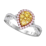 14kt White Gold Womens Round Pink and Yellow Diamond Teardrop Ring /8 Cttw