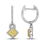 14kt White Gold Womens Round Yellow Diamond Diagonal Square Dangle Cluster Earrings 1.00 Cttw