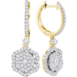 14kt Yellow Gold Womens Round Diamond Hexagon Frame Cluster Dangle Earrings 1 Cttw