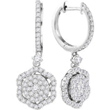 14kt White Gold Womens Round Diamond Hexagon Frame Cluster Dangle Earrings 1 Cttw
