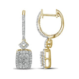 14kt Yellow Gold Womens Round Diamond Rectangle Dangle Hoop Earrings 7/8 Cttw