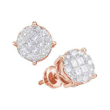 14kt Rose Gold Womens Princess Round Diamond Fashion Cluster Earrings 1/2 Cttw