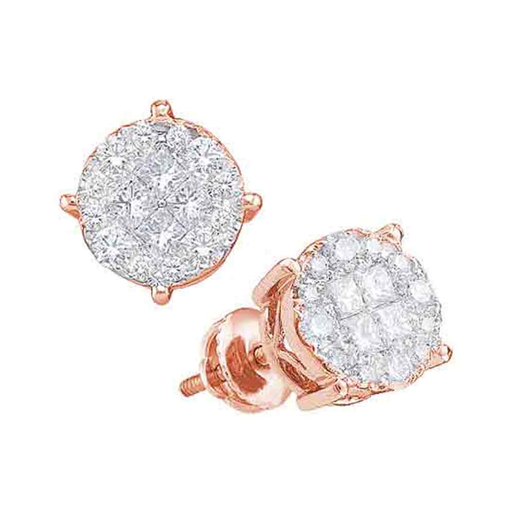 14kt Rose Gold Womens Princess & Round Diamond Soleil Cluster Screwback Earrings 1.00 Cttw