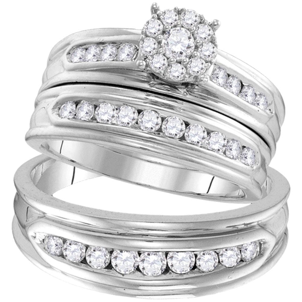 14kt White Gold His Hers Round Diamond Cluster Matching Wedding Set 1 Cttw