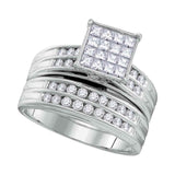 14kt White Gold His & Hers Princess Diamond Cluster Matching Bridal Wedding Ring Band Set 1-1/2 Cttw