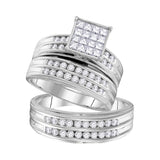 14kt White Gold His & Hers Princess Diamond Cluster Matching Bridal Wedding Ring Band Set 1-1/2 Cttw