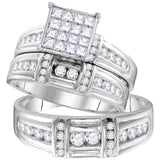 14kt White Gold His & Hers Princess Diamond Cluster Matching Bridal Wedding Ring Band Set 1-3/8 Cttw