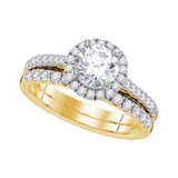 14kt Yellow Gold Round Diamond Halo Bridal Wedding Ring Band Set 1-1/3 Cttw