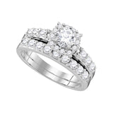 14k White Gold Round Diamond Halo Bridal Wedding Ring Band Set 1-1/2 Cttw