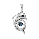 10kt White Gold Womens Round Blue Color Enhanced Diamond Dolphin Moving Twinkle Pendant 1/4 Cttw