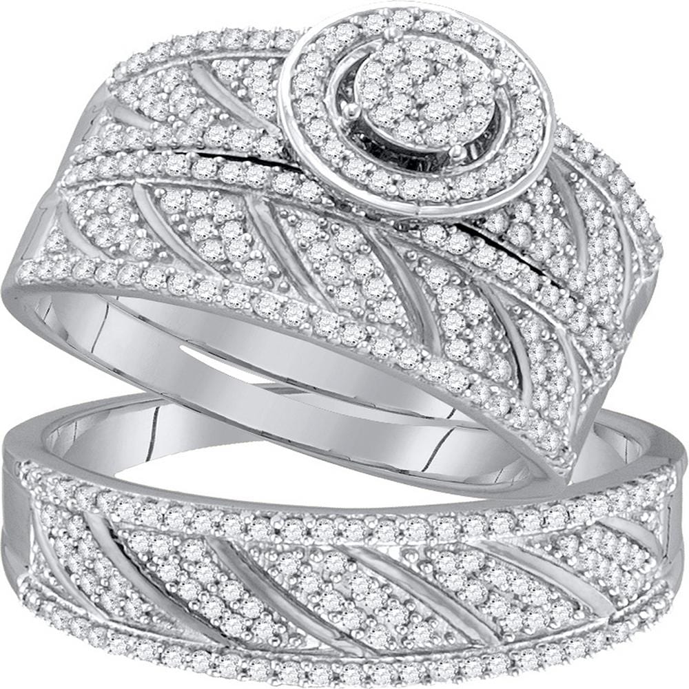 10kt White Gold His & Hers Round Diamond Cluster Matching Bridal Wedding Ring Band Set 1.00 Cttw