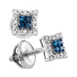 Sterling Silver Womens Round Blue Color Enhanced Diamond Square Earrings 1/10 Cttw