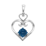 Sterling Silver Womens Round Blue Color Enhanced Diamond Stacked Double Heart Pendant 1/10 Cttw