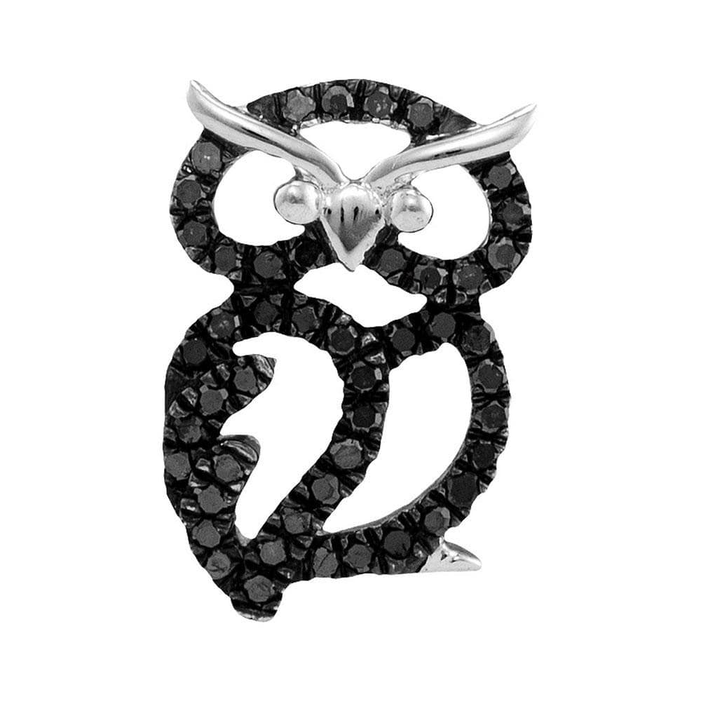 Sterling Silver Womens Round Black Color Enhanced Diamond Owl Bird Pendant 1/6 Cttw