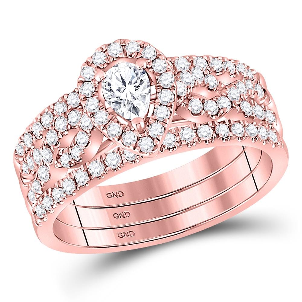 14kt Rose Gold Pear Diamond 3-Piece Bridal Wedding Ring Band Set /8 Cttw
