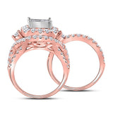 14kt Rose Gold Princess Diamond Cluster Bridal Wedding Ring Band Set 3-1/3 Cttw