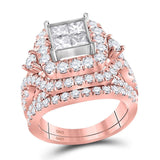 14kt Rose Gold Princess Diamond Cluster Bridal Wedding Ring Band Set 3-1/3 Cttw