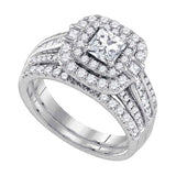 14kt White Gold Diamond Princess Double Halo Bridal Wedding Ring Band Set 2 Cttw