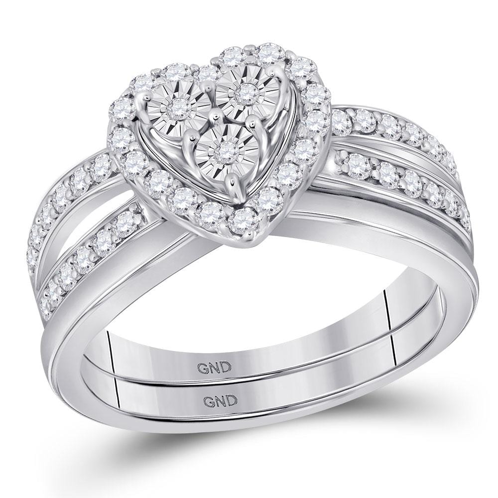 10kt White Gold Diamond Heart Bridal Wedding Ring Band Set 3/4 Cttw