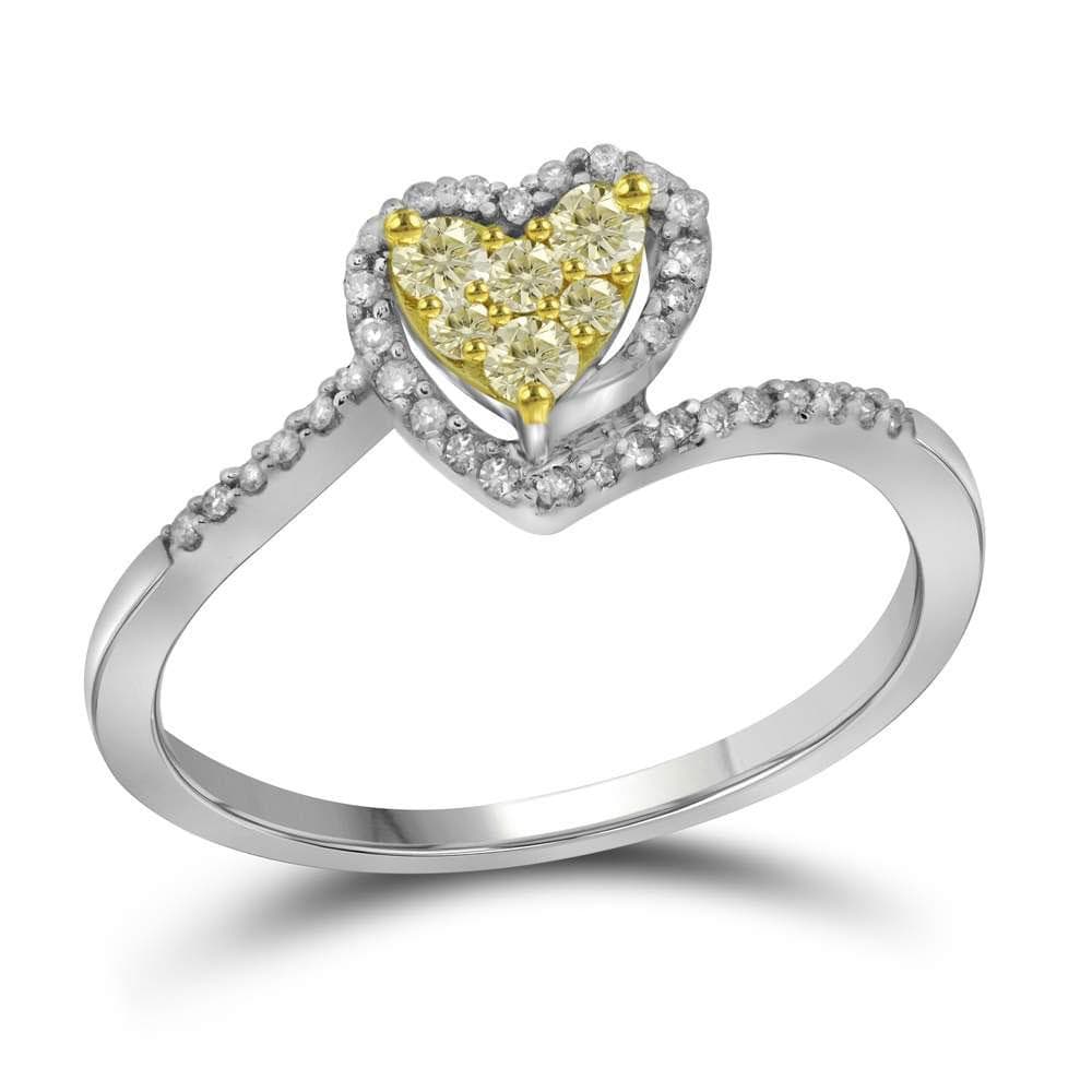 10kt White Gold Womens Round Yellow Color Enhanced Diamond Heart Ring 1/4 Cttw