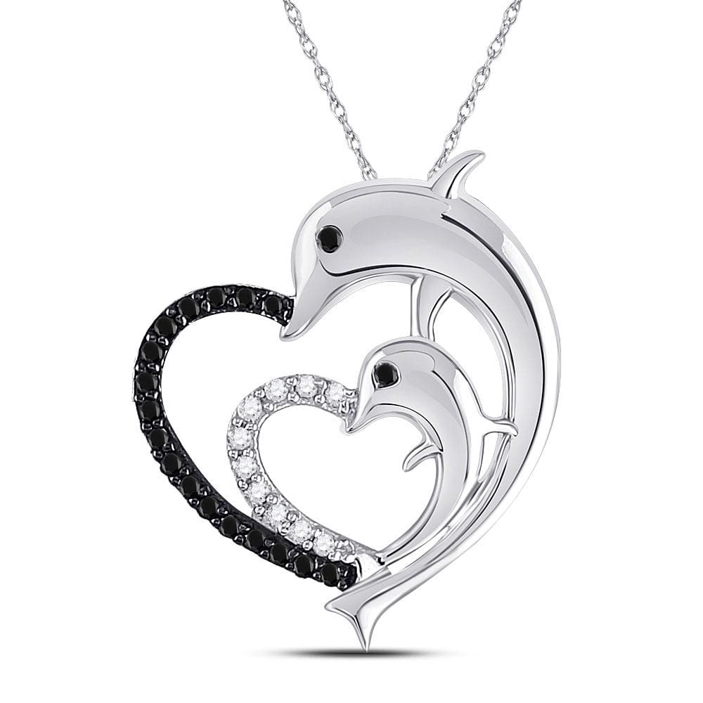 10kt White Gold Womens Round Black Color Enhanced Diamond Dolphin Heart Pendant 1/8 Cttw