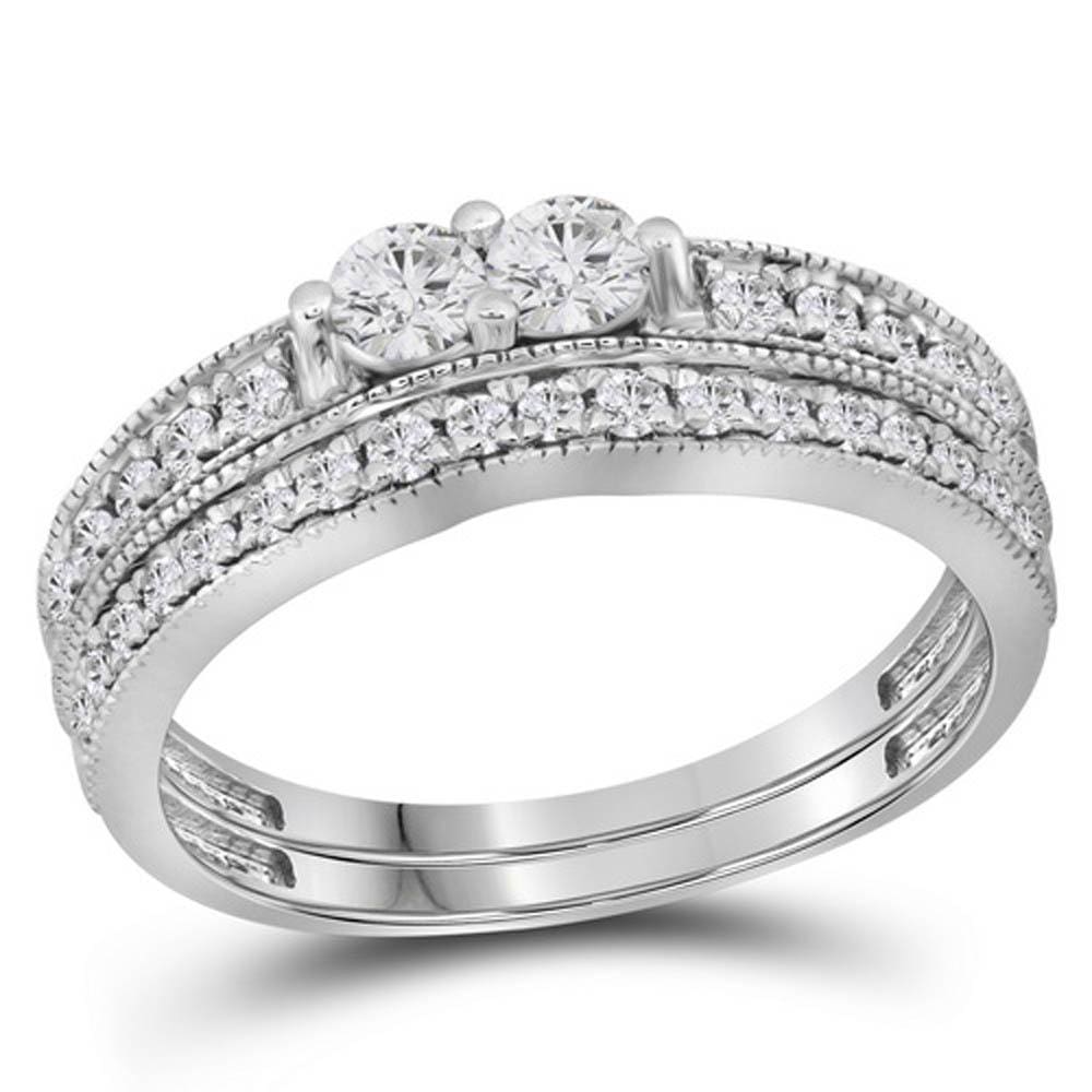 14kt White Gold Womens Round Diamond 2-Stone Bridal Wedding Engagement Ring Band Set 3/4 Cttw