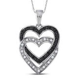 10kt White Gold Womens Round Black Color Enhanced Diamond Double Heart Pendant 1/10 Cttw