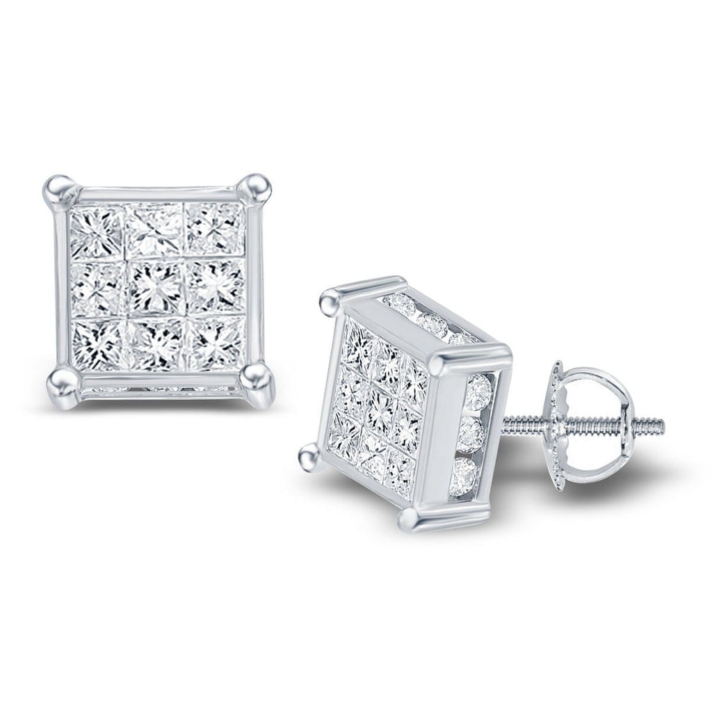14kt White Gold Womens Princess Diamond Square Cluster Stud Earrings 1-1/2 Cttw