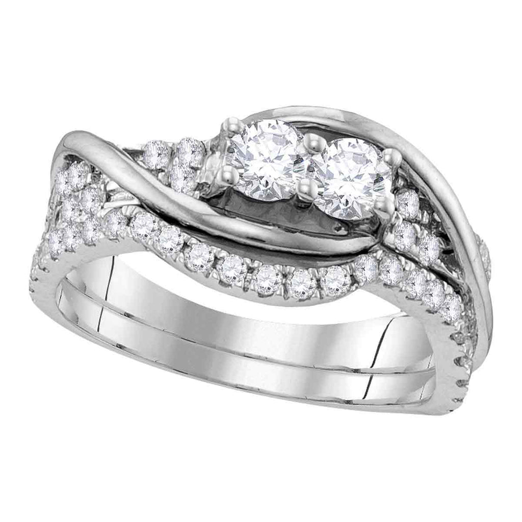 14kt White Gold Womens Round Diamond 2-Stone Bridal Wedding Engagement Ring Band Set 1-1/2 Cttw