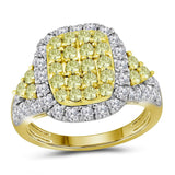 14kt Yellow Gold Womens Round Canary Yellow Diamond Rectangle Cluster Ring 1-/8 Cttw