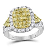 14kt White Gold Womens Round Canary Yellow Diamond Rectangle Cluster Ring 1-7/8 Cttw