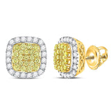 14kt Yellow Gold Womens Round Canary Yellow Diamond Square Frame Cluster Earrings 2 Cttw