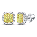 14kt White Gold Womens Round Yellow Diamond Square Frame Cluster Earrings 2.00 Cttw